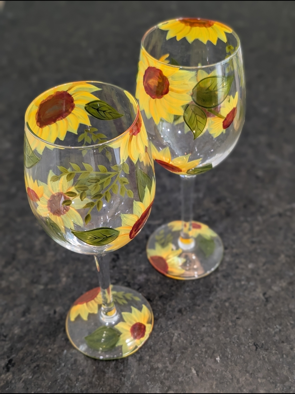 Hand-Painted Sunflower Wine Glasses - Yellow Floral Stemware (Set of 2)